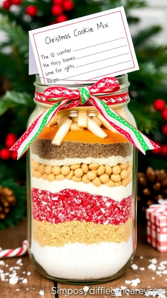 Mason Jar Cookie Mix Christmas Gifts Mason jar filled with cookie mix ingredients, decorated for Christmas gifting.